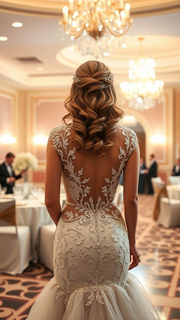 A bride with glamorous Hollywood waves, wearing an elegant wedding gown, viewed from behind in a beautifully decorated venue.
