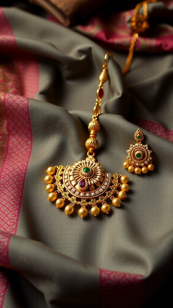 A close-up of a gold tikka and matching nath set on a silk fabric