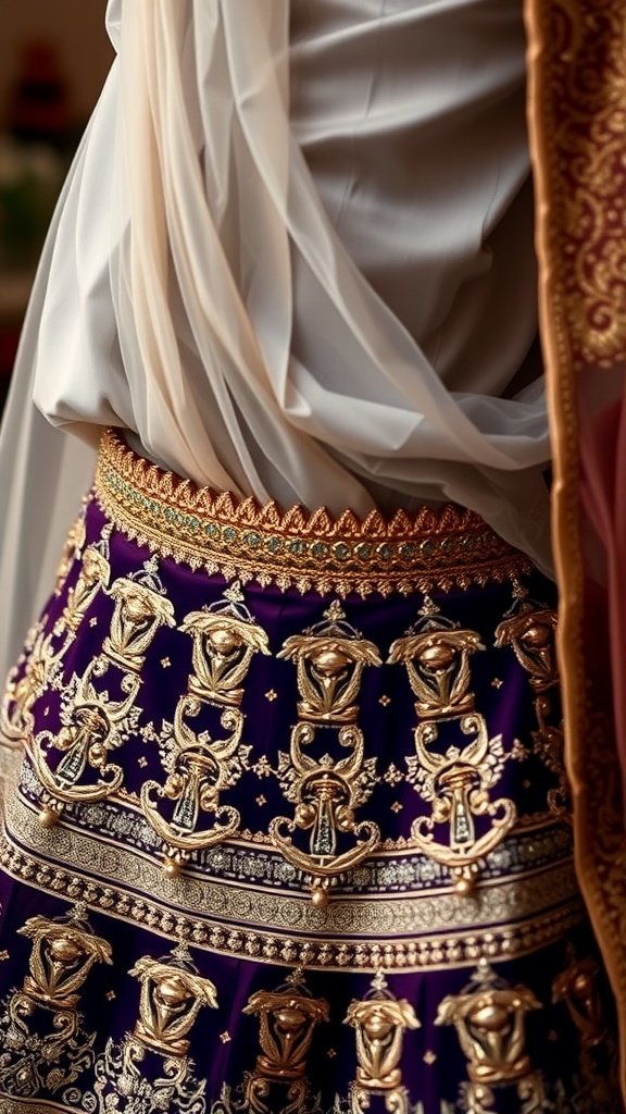 A close-up view of a bride's waist with a gold waist chain, showcasing a purple and gold embroidered skirt.