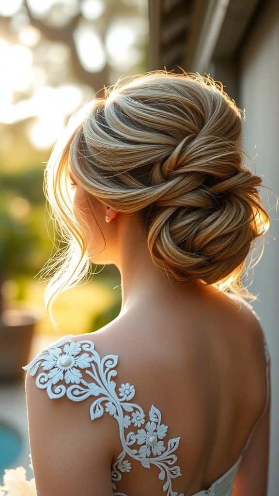 A bride with a gorgeous loose updo hairstyle featuring face-framing tendrils and a beautifully embroidered dress, illuminated by warm sunlight.