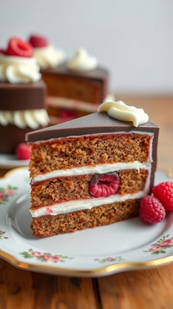 A slice of luxury wedding cake with layers, fresh raspberries, and creamy frosting