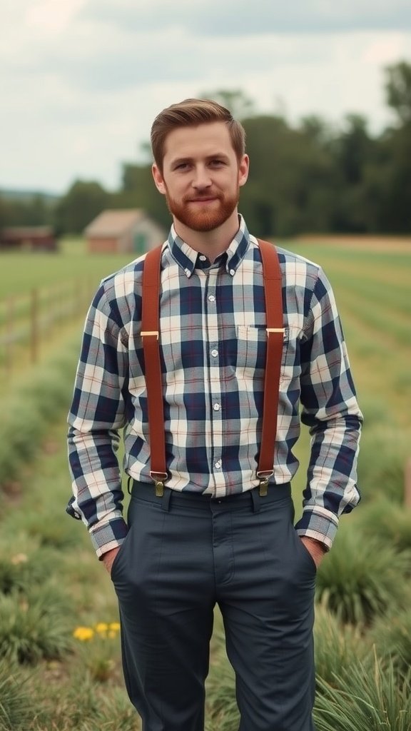 A groom in a plaid shirt with brown suspenders and tailored pants, standing in a rustic outdoor setting.