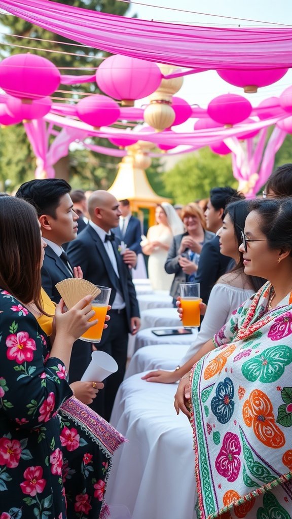 Guests enjoying an outdoor wedding ceremony with vibrant decorations and drinks.