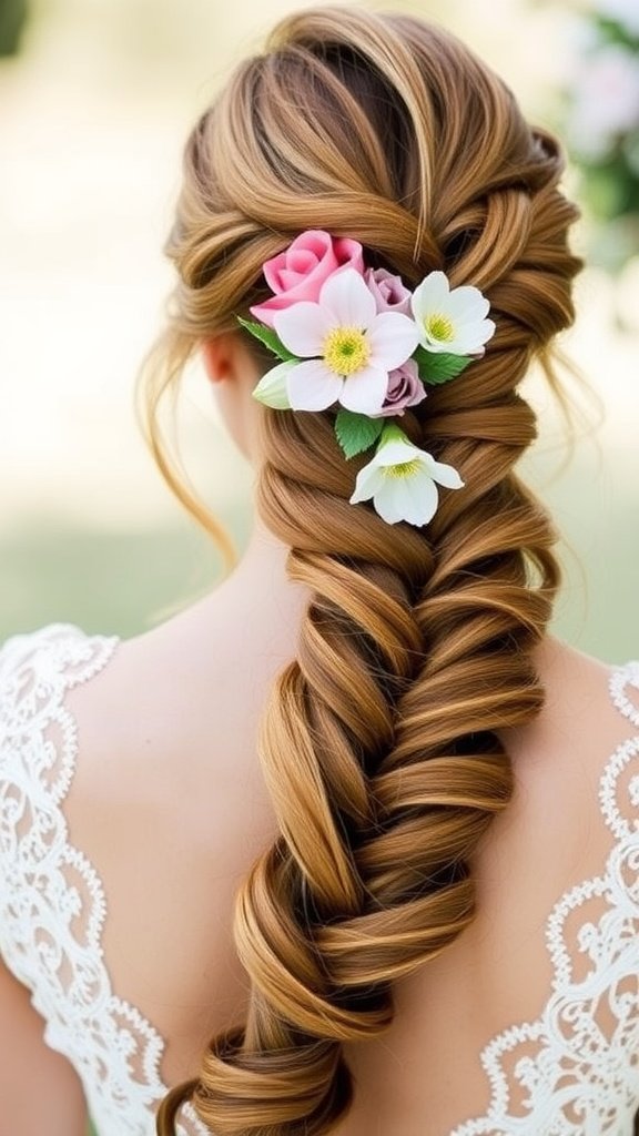 A bride with a half-up fishtail braid embellished with fresh flowers