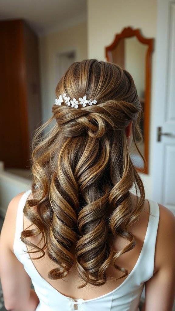 A half-up half-down hairstyle with soft curls and a floral hair accessory.