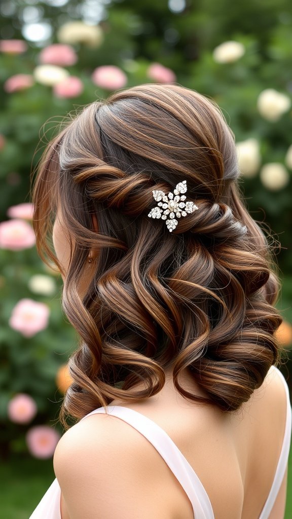 A bridesmaid with half-up half-down hairstyle featuring curls and a decorative hair piece, surrounded by flowers.