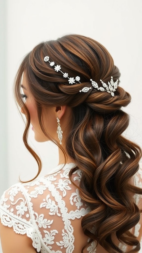 A woman with a half-up half-down hairstyle adorned with sparkling pins, wearing a lace dress
