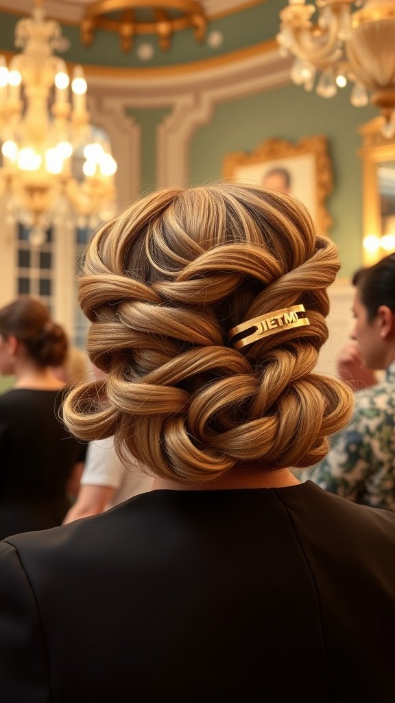 Bridal hairstyle featuring half-up retro waves adorned with a bold hairpin