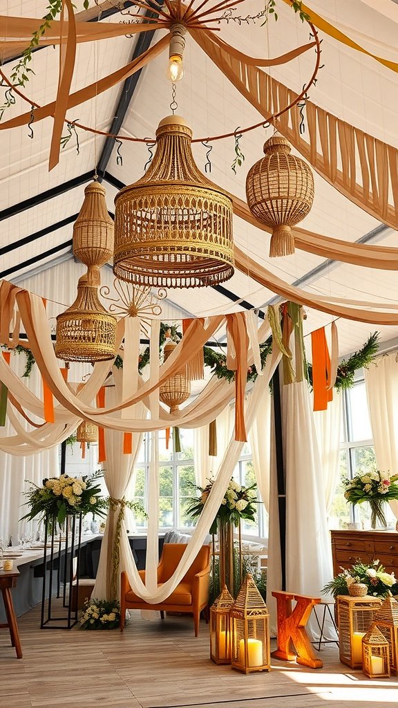 A beautifully decorated wedding venue with woven lanterns, draped fabric, and floral arrangements.