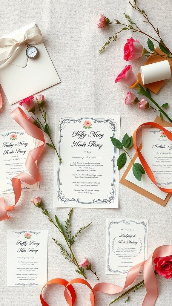 Handmade wedding invitations with flowers and ribbons on a table