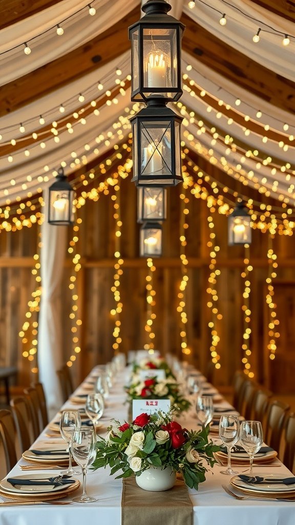 A rustic wedding setup featuring hanging lanterns adorned with fairy lights, set above elegantly arranged tables with floral centerpieces.