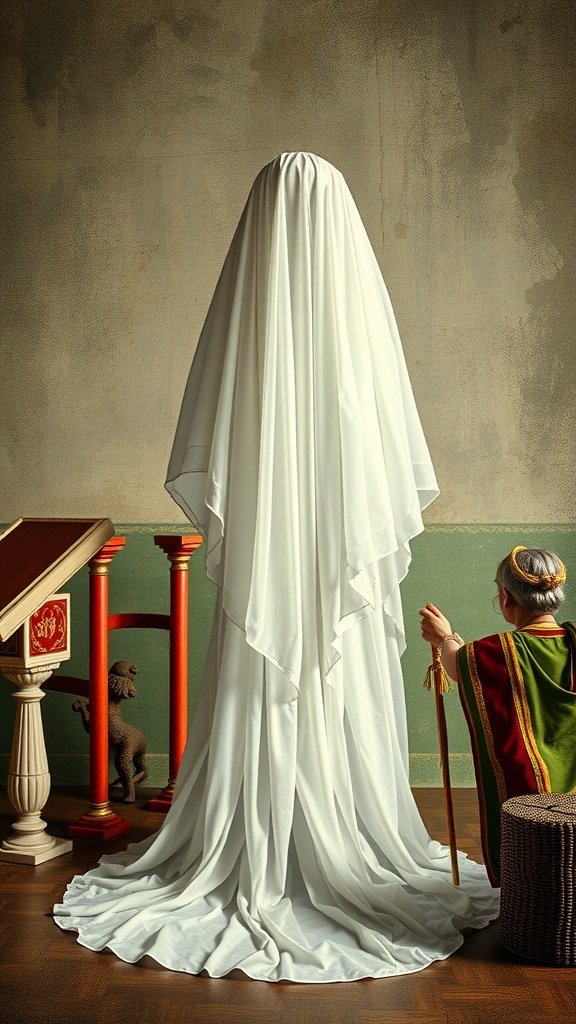 A bride in a flowing white veil standing with her back to the viewer, symbolizing purity and tradition.