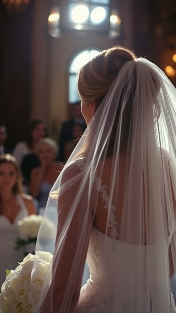 Bride with Hollywood glam waves and a cathedral veil in a wedding setting