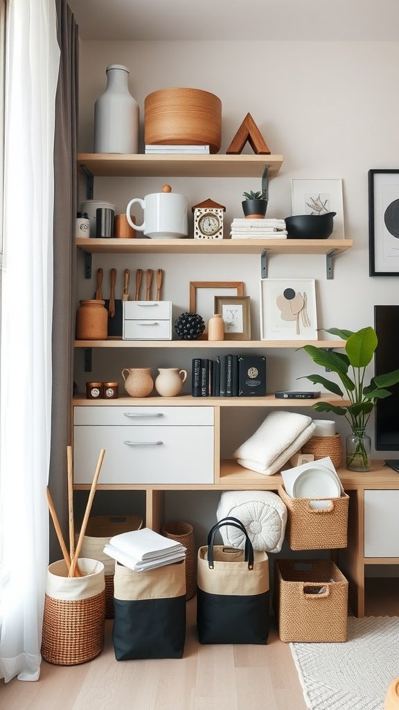 Organized home shelf with storage baskets, kitchenware, and decorative items.