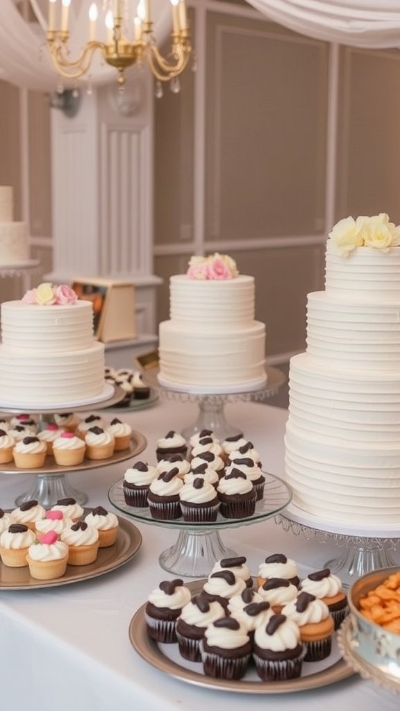 An elegant display of white homemade cakes and assorted cupcakes on a table.