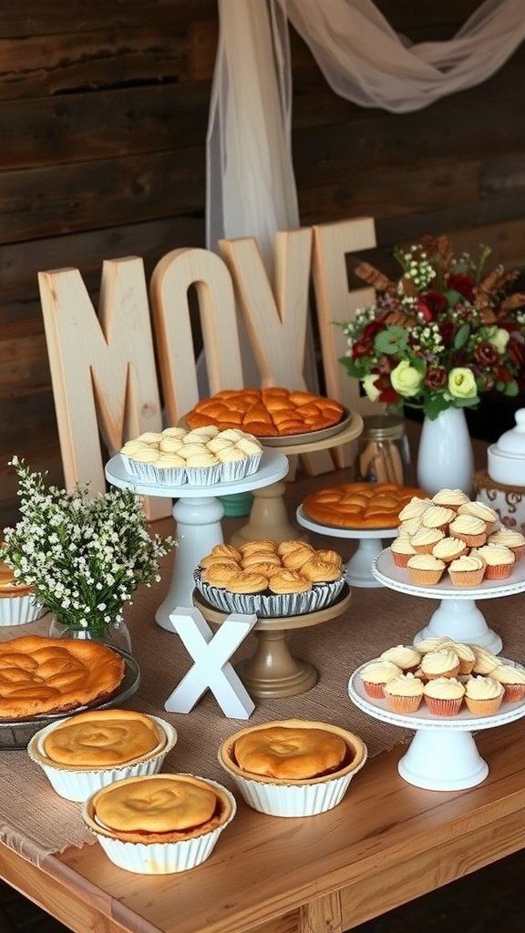 A rustic dessert table featuring various homemade cakes and pastries with floral decoration.