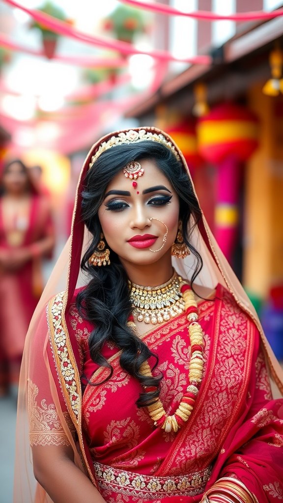 A bride in a traditional red saree with intricate jewelry and bold makeup, celebrating her cultural heritage.