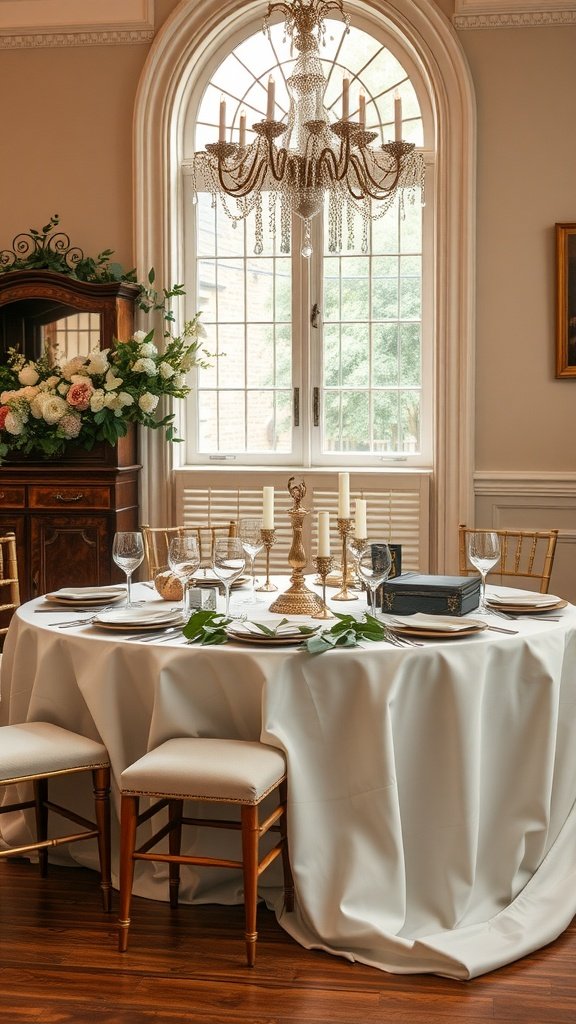 A beautifully decorated bride and groom table featuring a white tablecloth, elegant glassware, and floral arrangements, with a chandelier above.