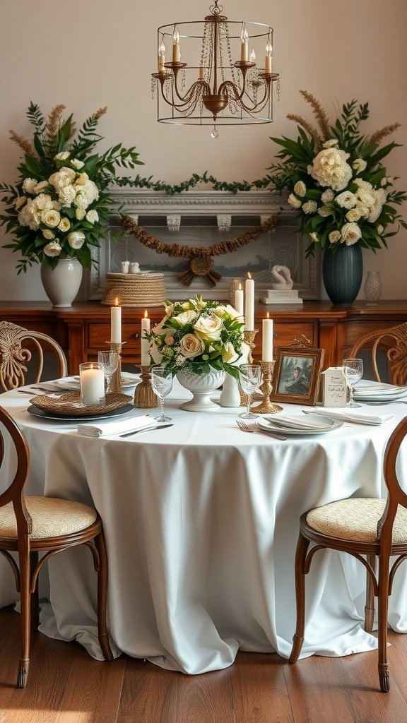 A beautifully decorated bridal table featuring a floral centerpiece, candles, and heirloom decorations.