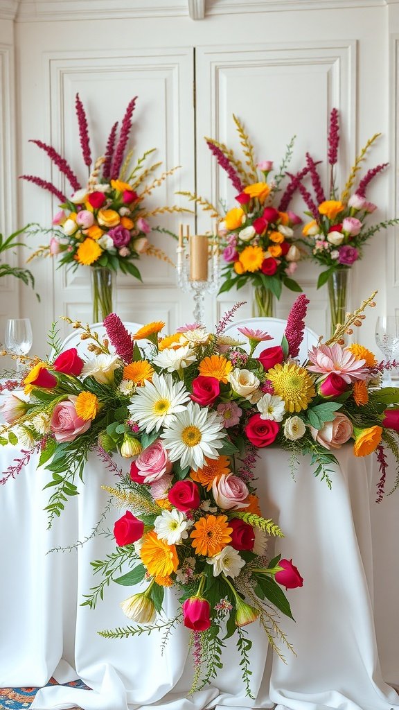 A beautifully arranged bridal table featuring seasonal flowers in vibrant colors.