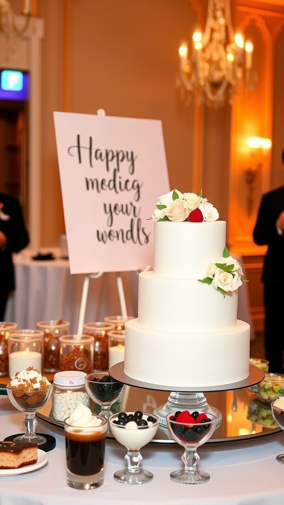 A beautifully arranged interactive dessert station featuring a three-tiered wedding cake and various dessert options.