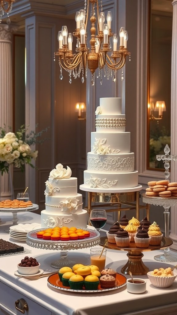 A luxurious dessert display featuring a multi-tiered wedding cake, assorted pastries, macarons, and cupcakes, under a chandelier.