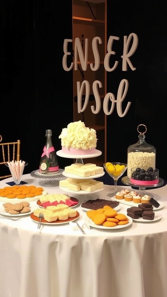 A beautifully arranged dessert table with various sweets including cookies, cupcakes, and a pink cake, enhancing the wedding experience.