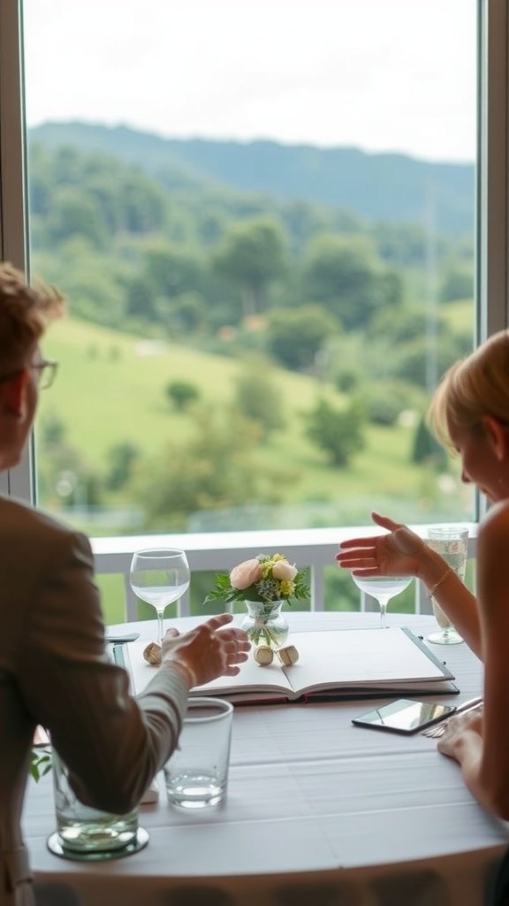 Bride and groom at a table with flowers and an open book, enjoying a conversation with a scenic view.