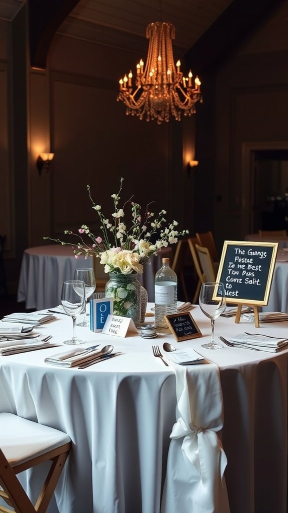 A beautifully set wedding table with flowers, glassware, and a chalkboard sign.