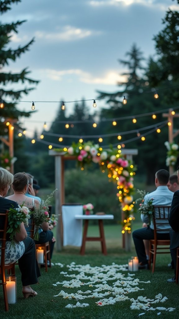 Outdoor wedding ceremony setup with flowers, candles, and string lights.