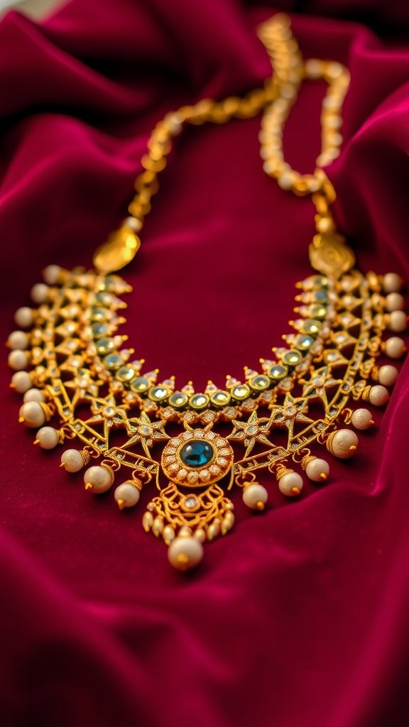 An intricate Kundan necklace with gold detailing and colorful stones, displayed on a rich red fabric.