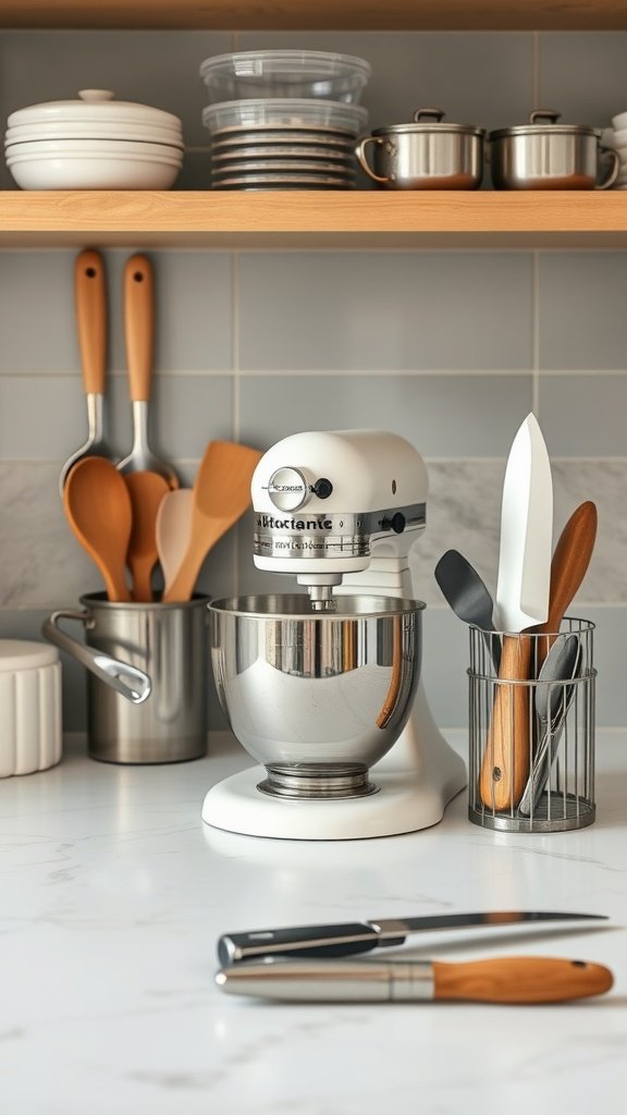 Stylish kitchen with a stand mixer, utensils, and knives on a countertop.