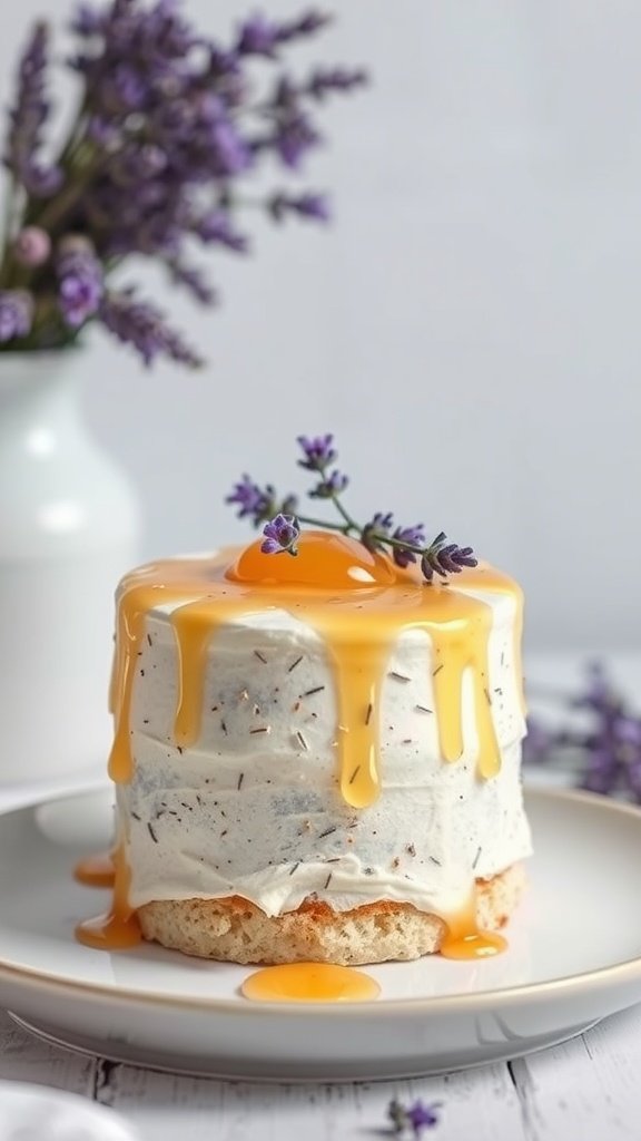 A lavender and honey infused cake with a honey drizzle and lavender flowers on top, set on a plate.