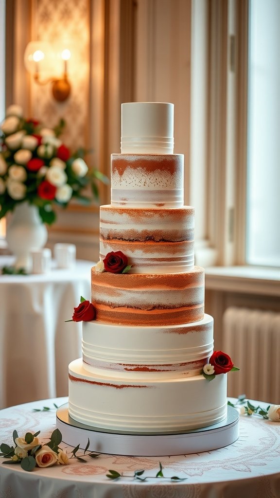 A modern layered wedding cake with rose accents, displayed elegantly in a bright venue.