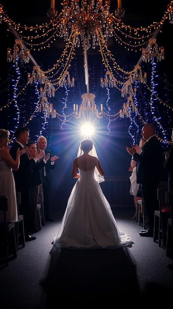 A bride walking down the aisle with glowing lights and an applauding crowd