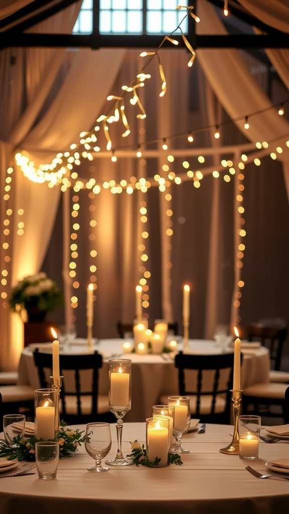 A romantic bride and groom table decorated with soft lighting and candles.