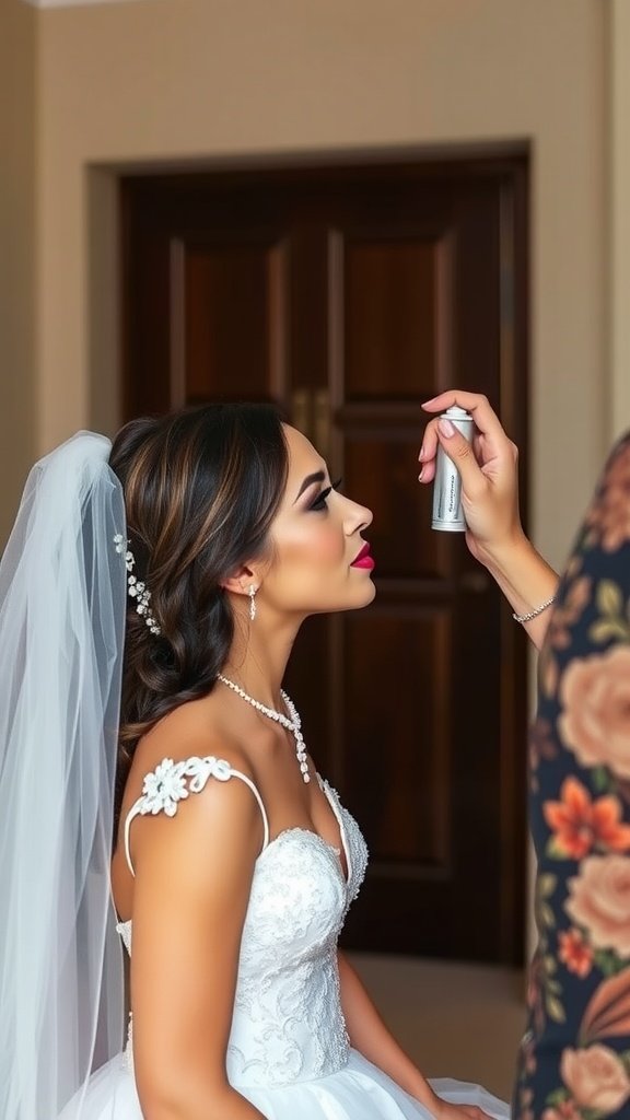 Bride receiving makeup application with a setting spray being used.