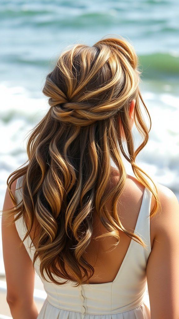 Loose beach waves hairstyle on a woman with a back view, with ocean in the background.