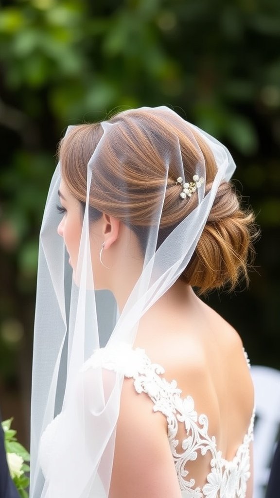 A bride with a loose low bun hairstyle adorned with a romantic veil and hairpins, showcasing a beautiful back view.