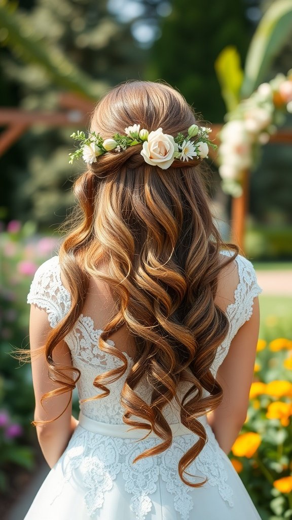 Bridal hair styled in loose waves with floral accents