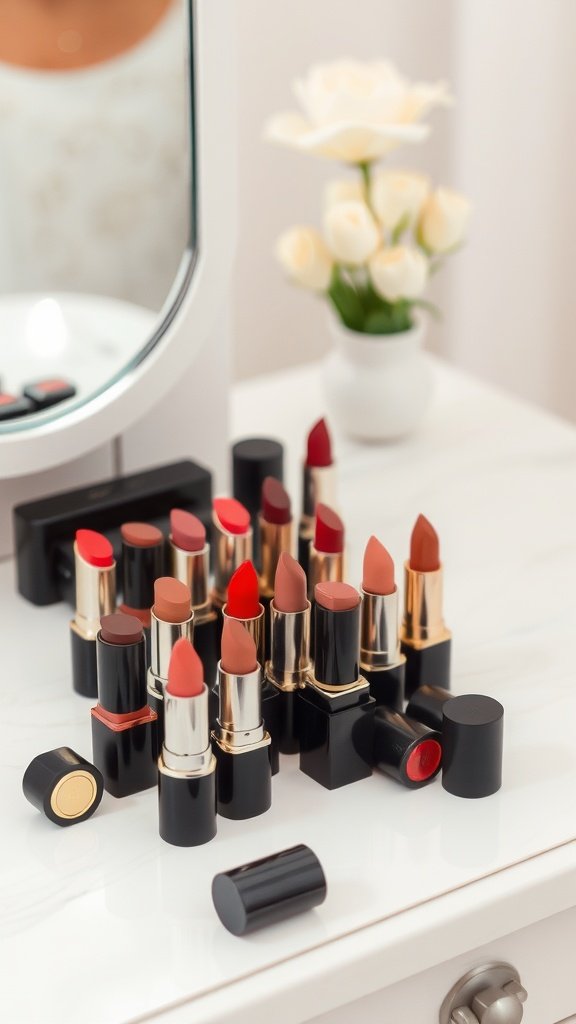 An assortment of lipsticks in various shades, displayed on a vanity table with a mirror and flowers.