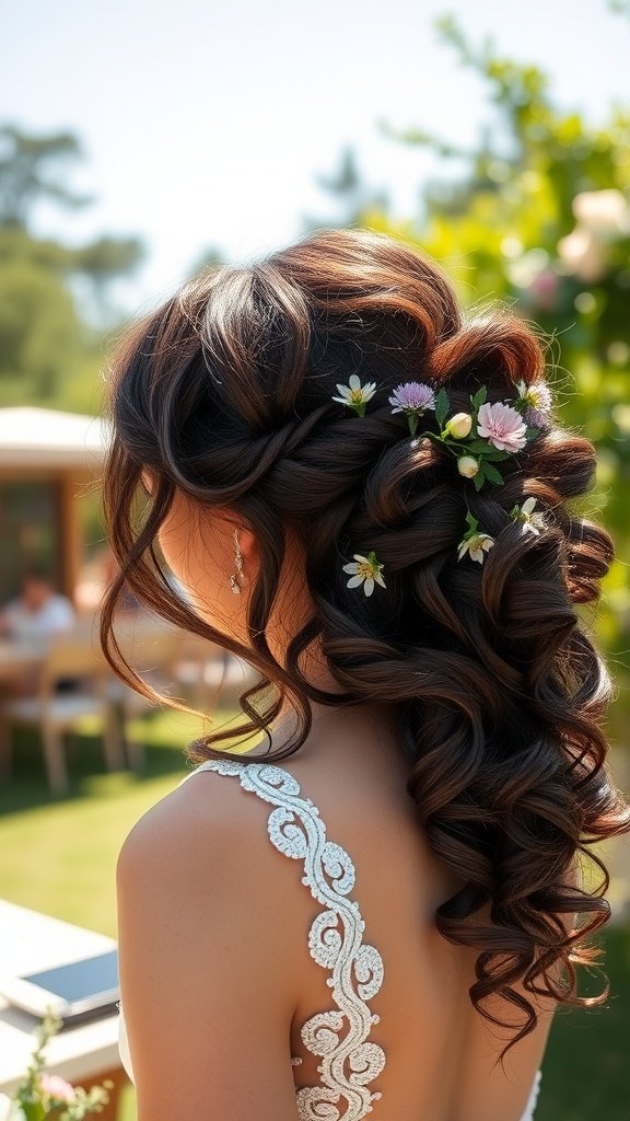 A bride with lush curls adorned with small flowers, showcasing a captivating hairstyle.