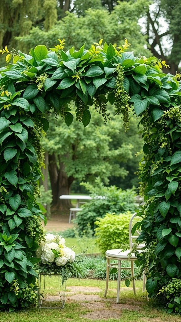 A wedding arch covered in lush green leaves and foliage with a bouquet of white roses on the side.