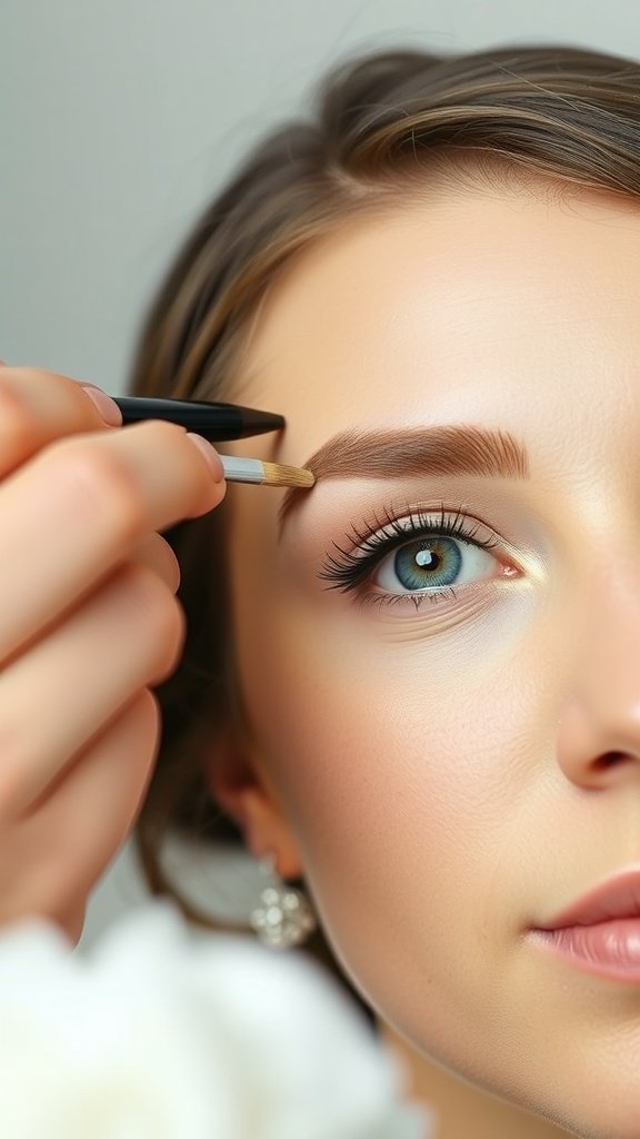 A close-up of a bride having her eyebrows done, showcasing a natural and polished look.