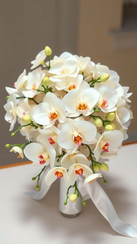 A bridal bouquet featuring white orchids with orange accents, tied with a satin ribbon.