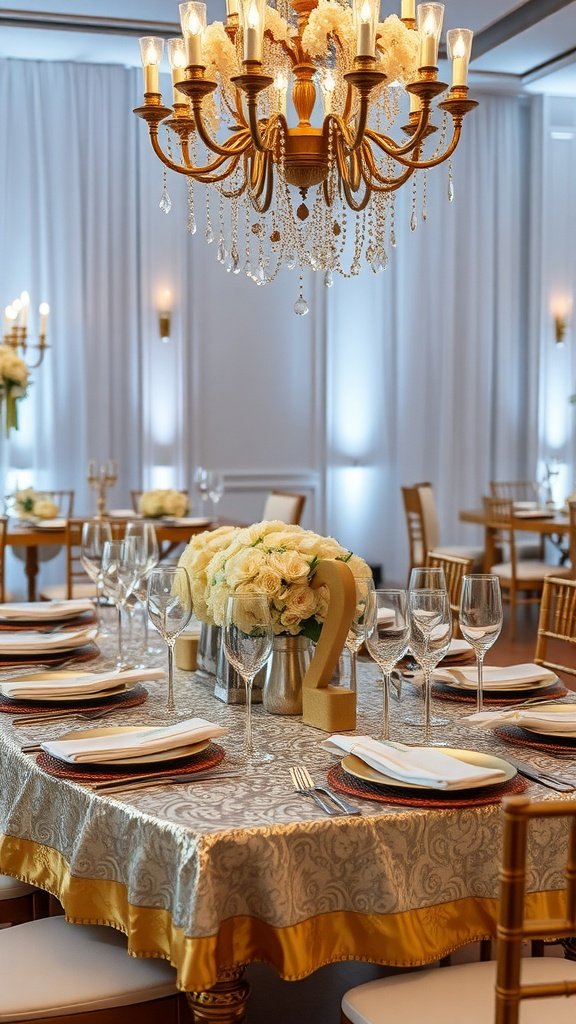 A wedding table with metallic accents featuring a chandelier, elegant table setting, and floral centerpiece.