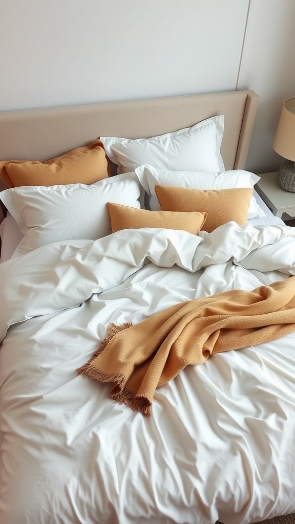 A cozy bed with white bedding and mustard-colored pillows and throw