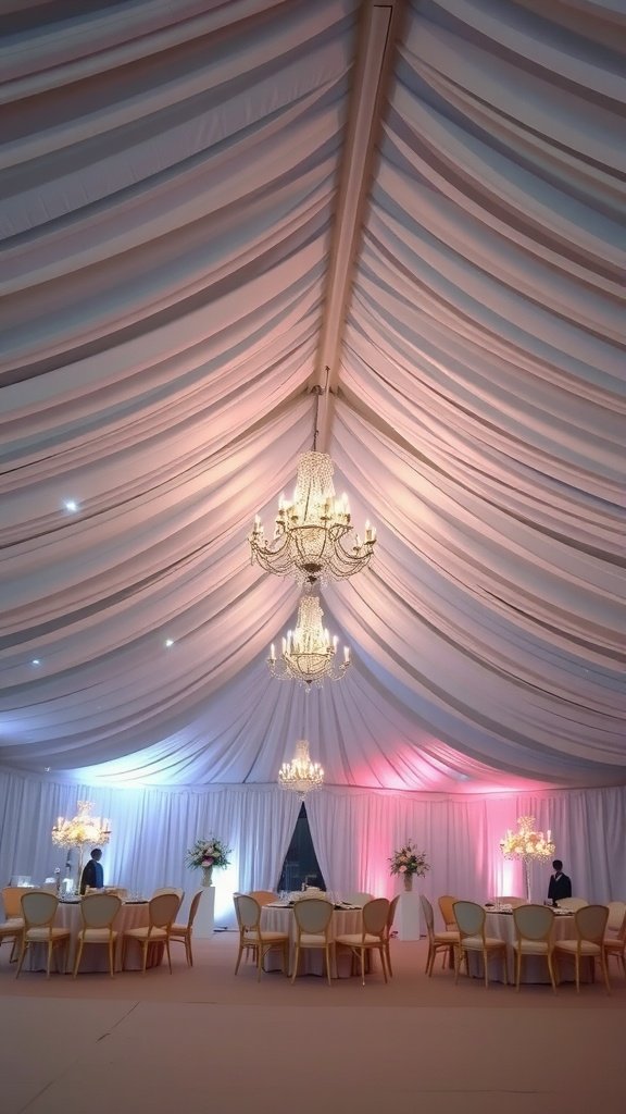 A luxurious wedding tent with chandeliers, draped fabric, and elegant table settings.