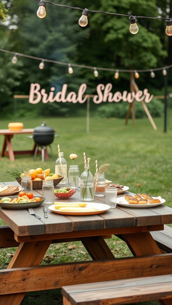 A beautiful outdoor bridal shower setup featuring a picnic table with food and drinks in mason jars, string lights, and a 'Bridal Shower' sign in the background.