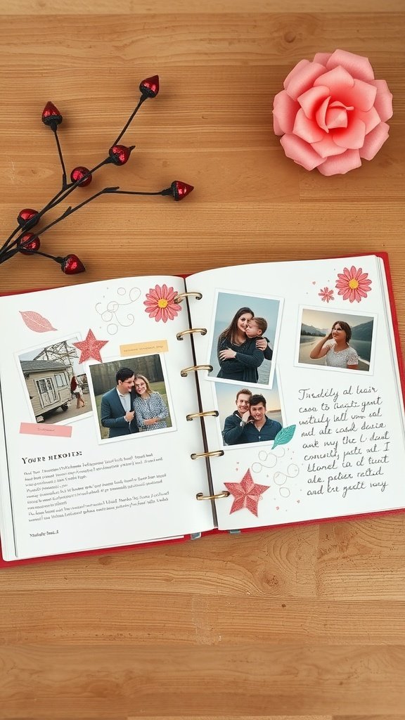 A scrapbook with photos and handwritten notes, adorned with flowers and stars on a wooden table.